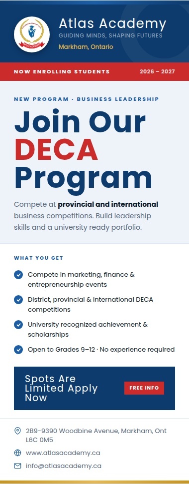 Atlas Academy DECA program flyer: Now enrolling 2026-2027, www.atlasacademy.ca, info@atlasacademy.ca